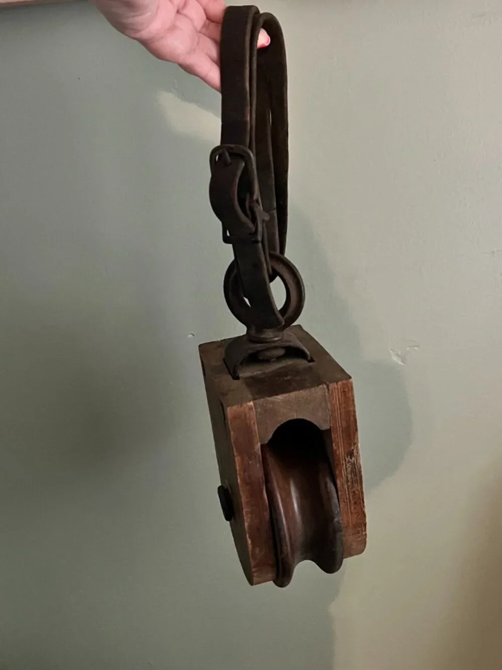 Antique Wood Pulley Block With Original Leather Strap Iron Hook Farmhouse Indust